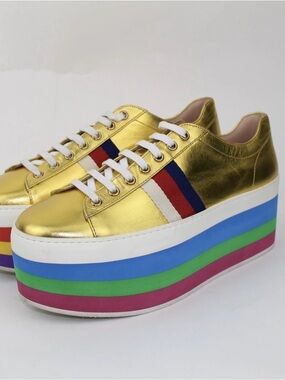 Gucci Peggy Rainbow Gold Platform Sneakers. Special edition